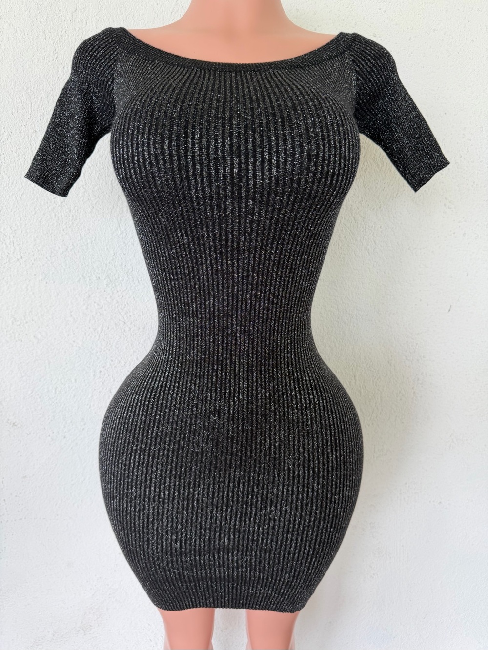 Studio Black Metallic Ribbed Knit Bodycon Dress